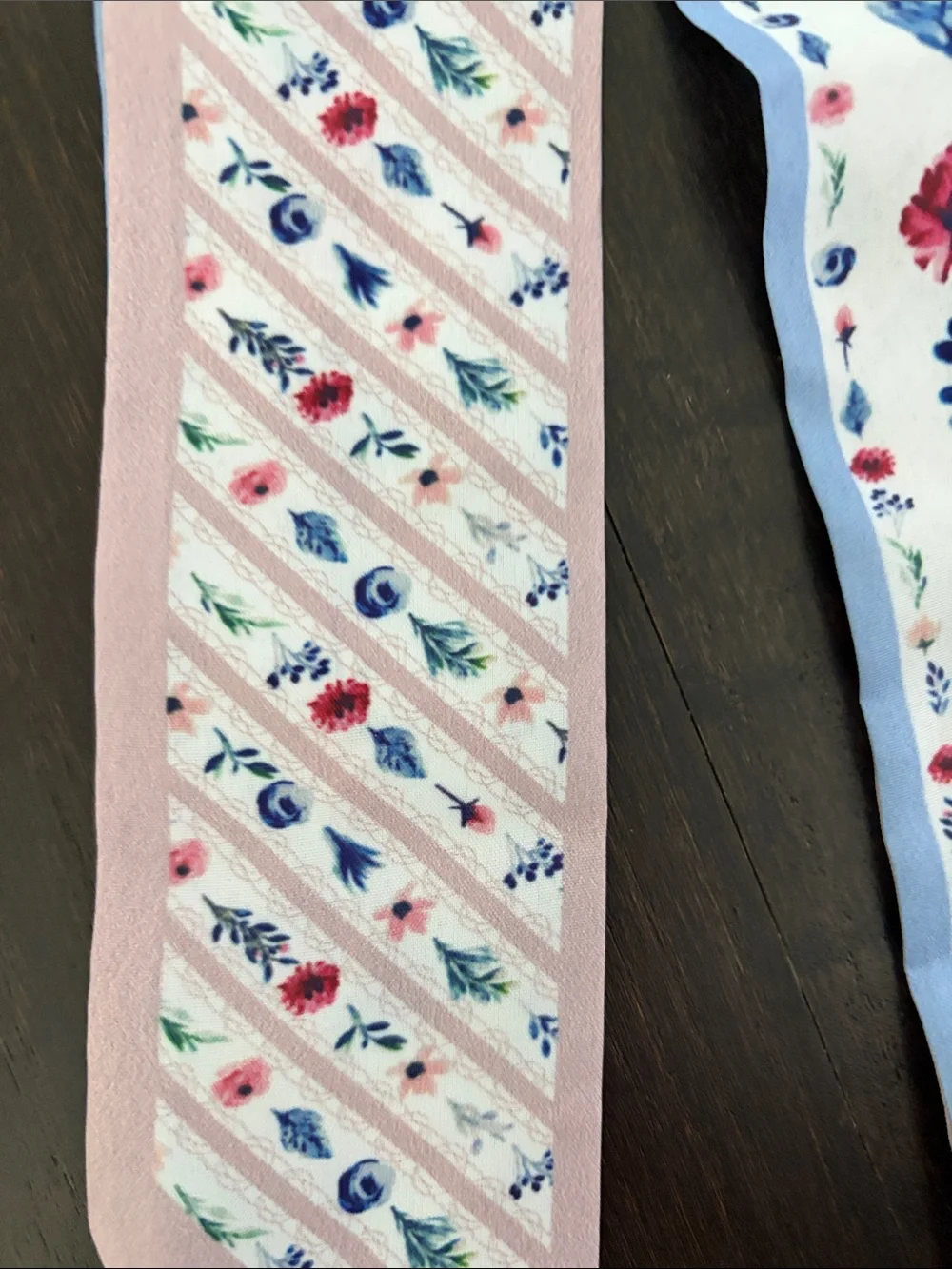 NWOT Floral Silk Twilly Scarf 35”x2.36” Blue & Pink Skinny Hair or Purse Ribbon